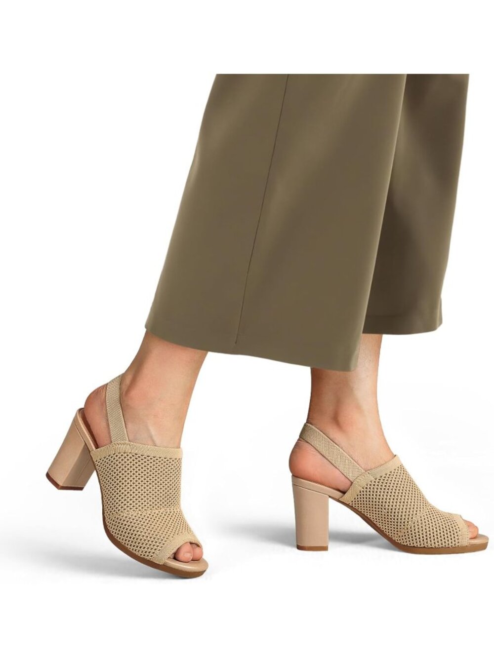Women's Khaki 3 Inch Knit Chunky Block High Heels Elastic Slingback Open Toe - Picture 5 of 5